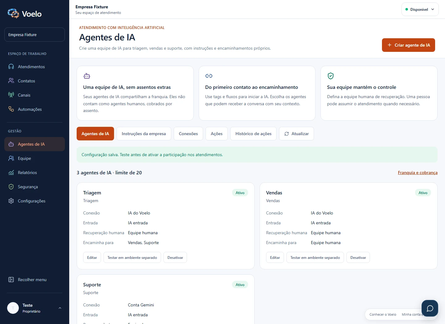 Centro Voelo para configurar agentes de clasificación, ventas y soporte, con datos ilustrativos